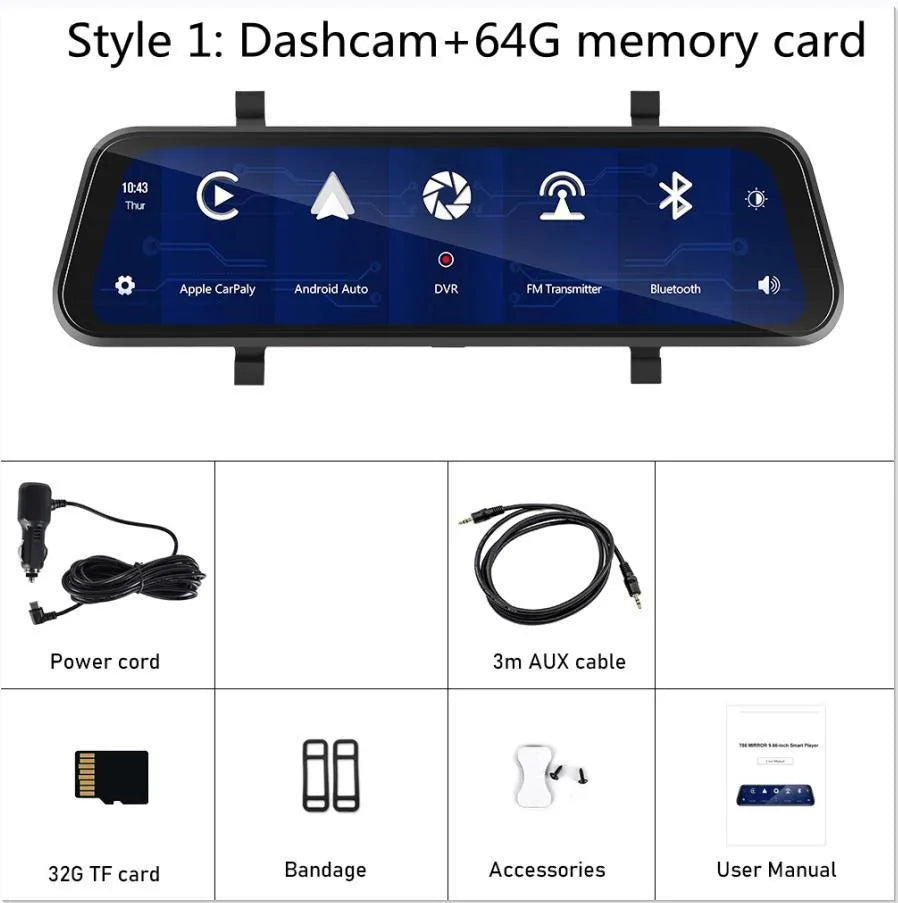 9.66-inch HD car dashcam and reversing camera system with mounting kit on a table
