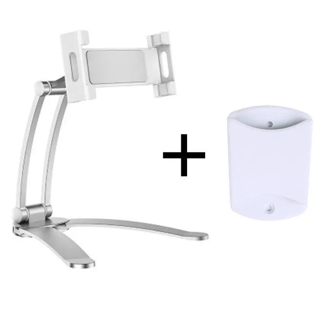 Silver aluminium alloy desktop tablet stand with adjustable black clips, holding a tablet.