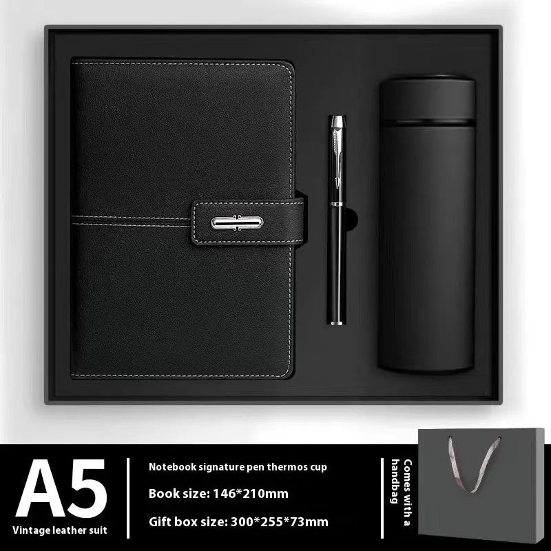 A5 notebook with PU leather cover in choice of colour, shown open on wood-free paper pages.