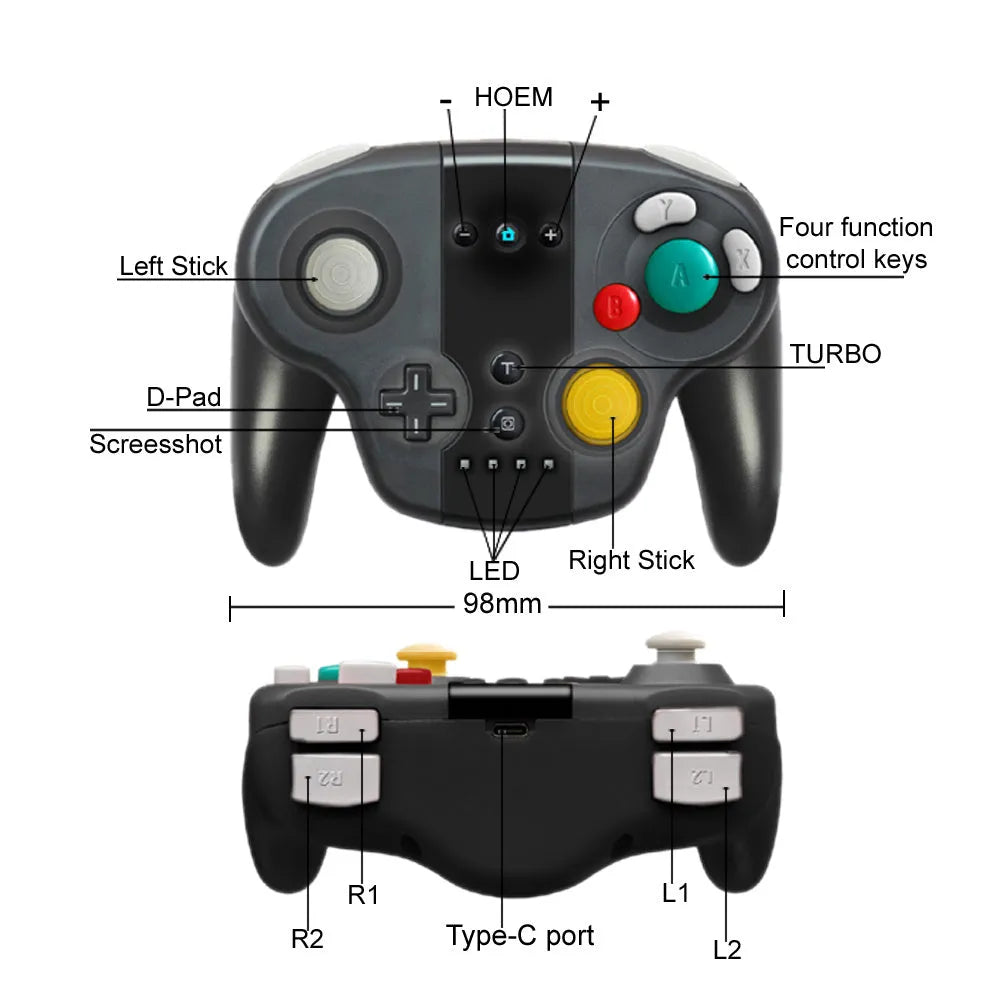 Black wireless gamepad with NFC for Nintendo Switch and PC, shown with colour packaging box.