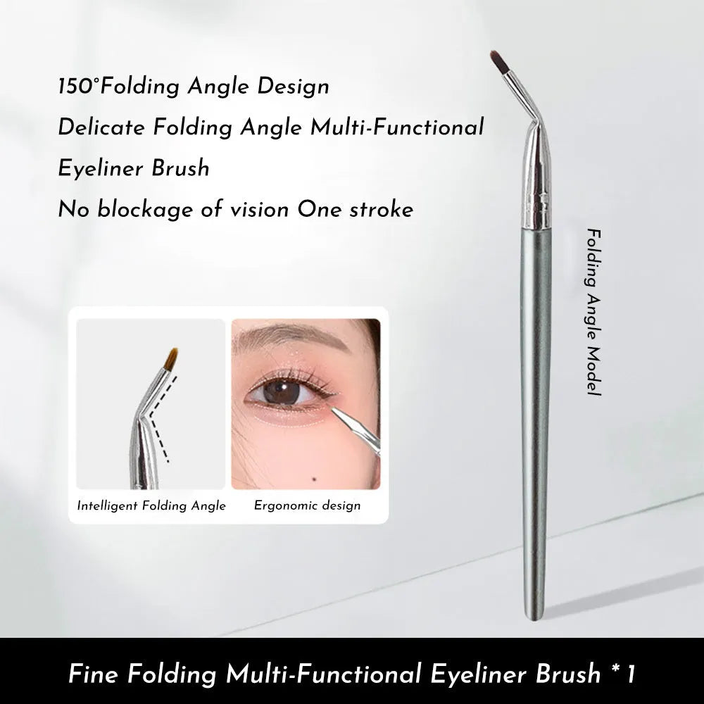 Angled bend head makeup brush with fine tip for eyeliner and under-eye concealer application on a wooden table.