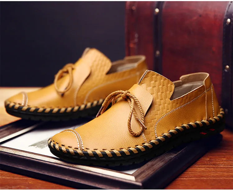 British style genuine leather men loafers shoes slip on flats in brown
