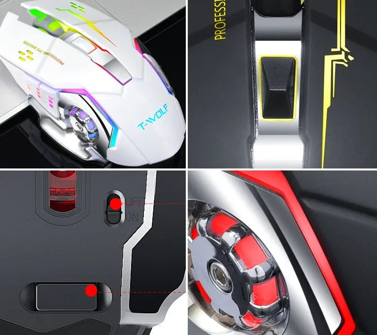 Black and white wireless charging mouse with six buttons and silent click mechanism