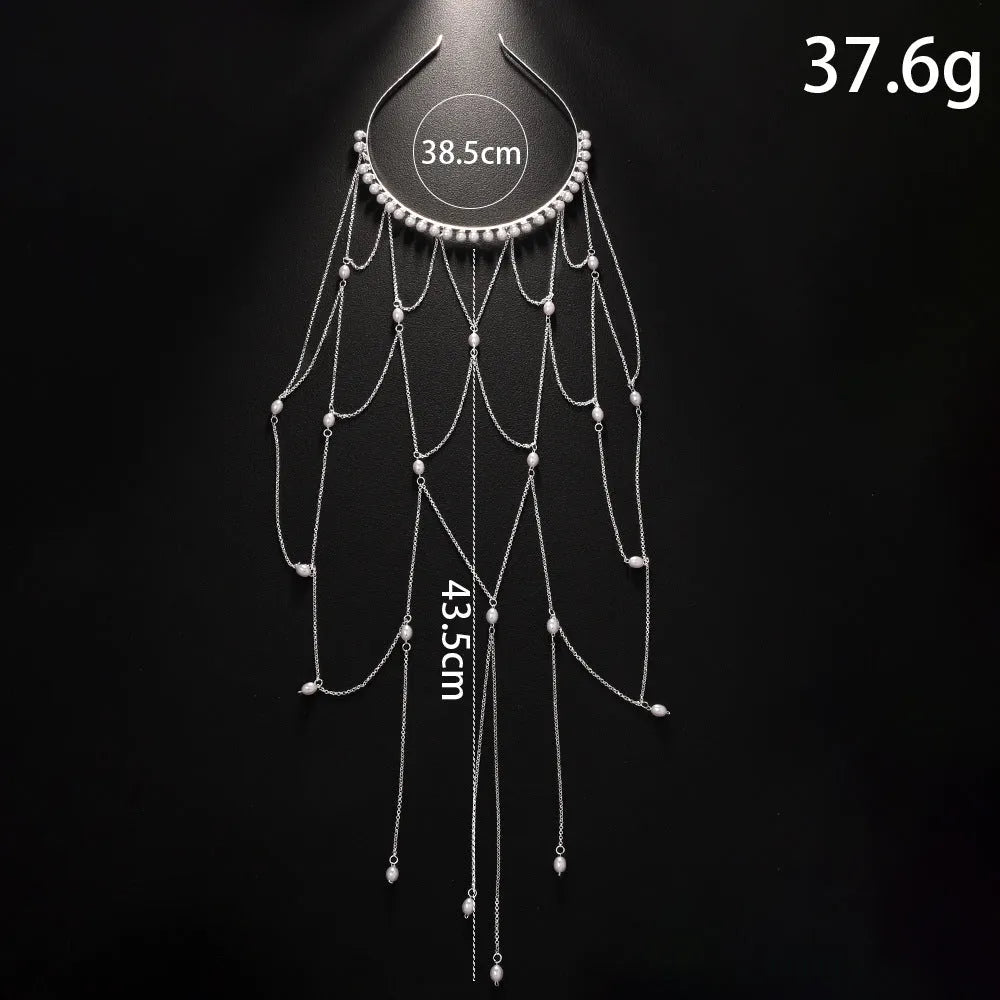 Gold and silver mesh tassel hair chain with pearl details for women