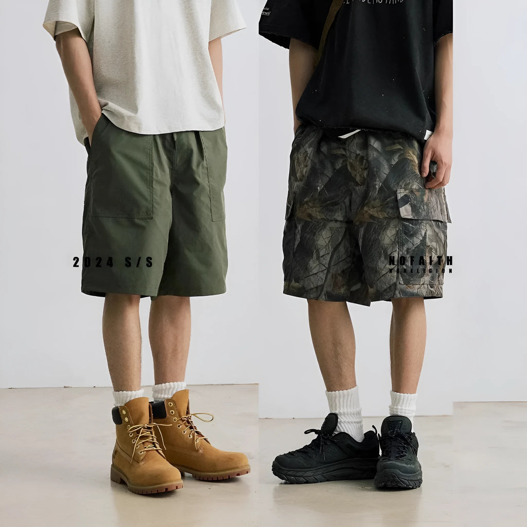 Loose casual straight-leg denim shorts in black or army green with mid-waist and zip fly