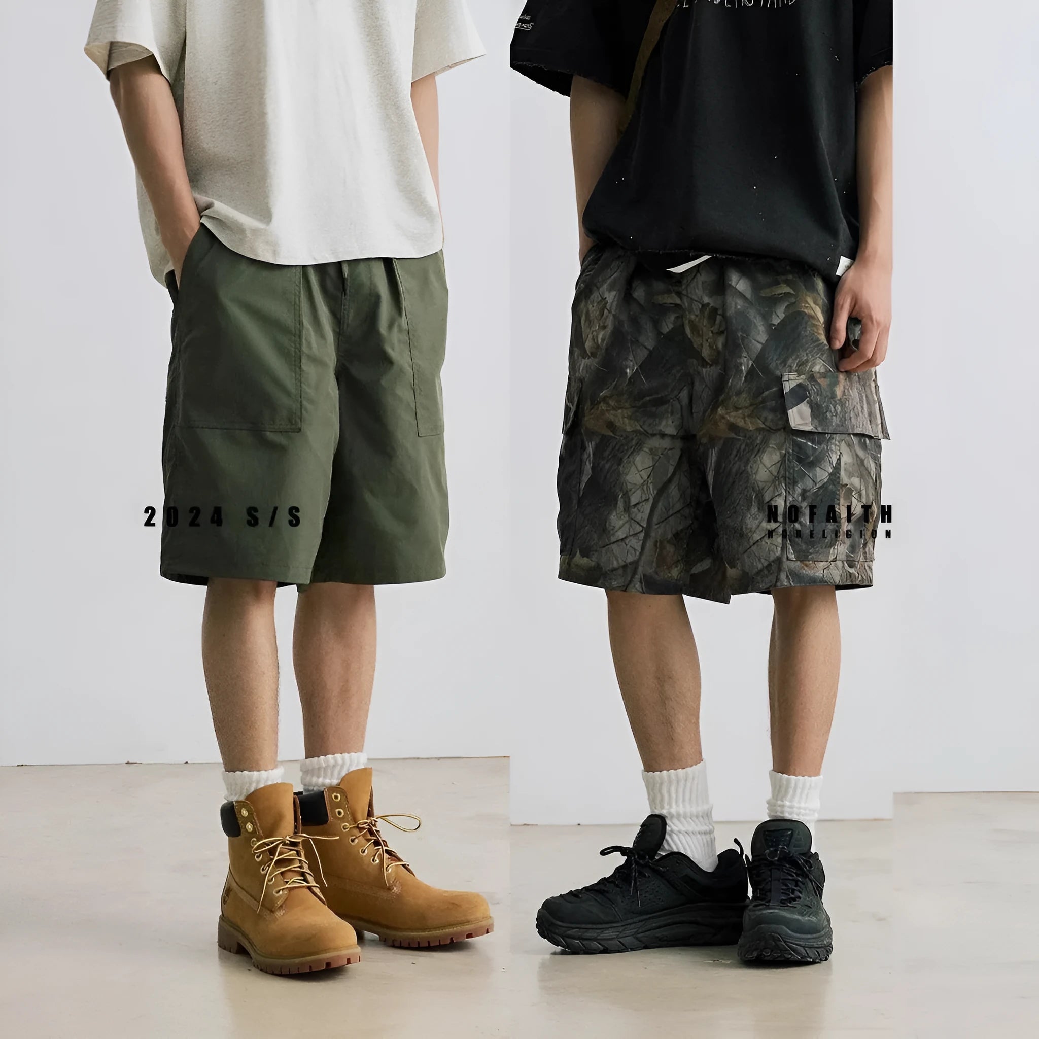 Loose casual straight-leg denim shorts in black or army green with mid-waist and zip fly
