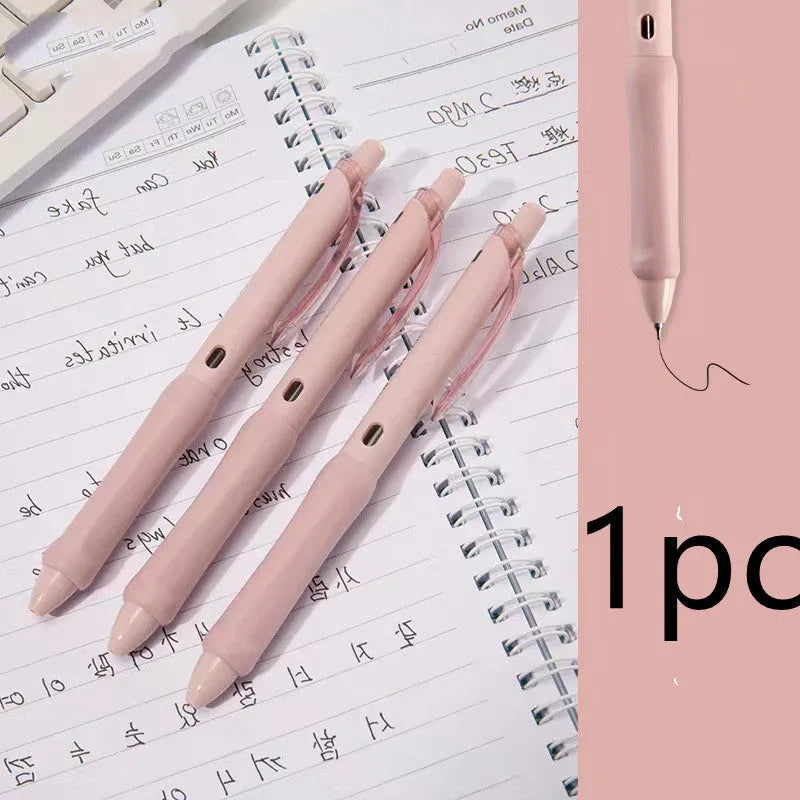 Three macaron-coloured clicker gel pens with 0.5mm fine tips in smoked white, brown, and pink shades