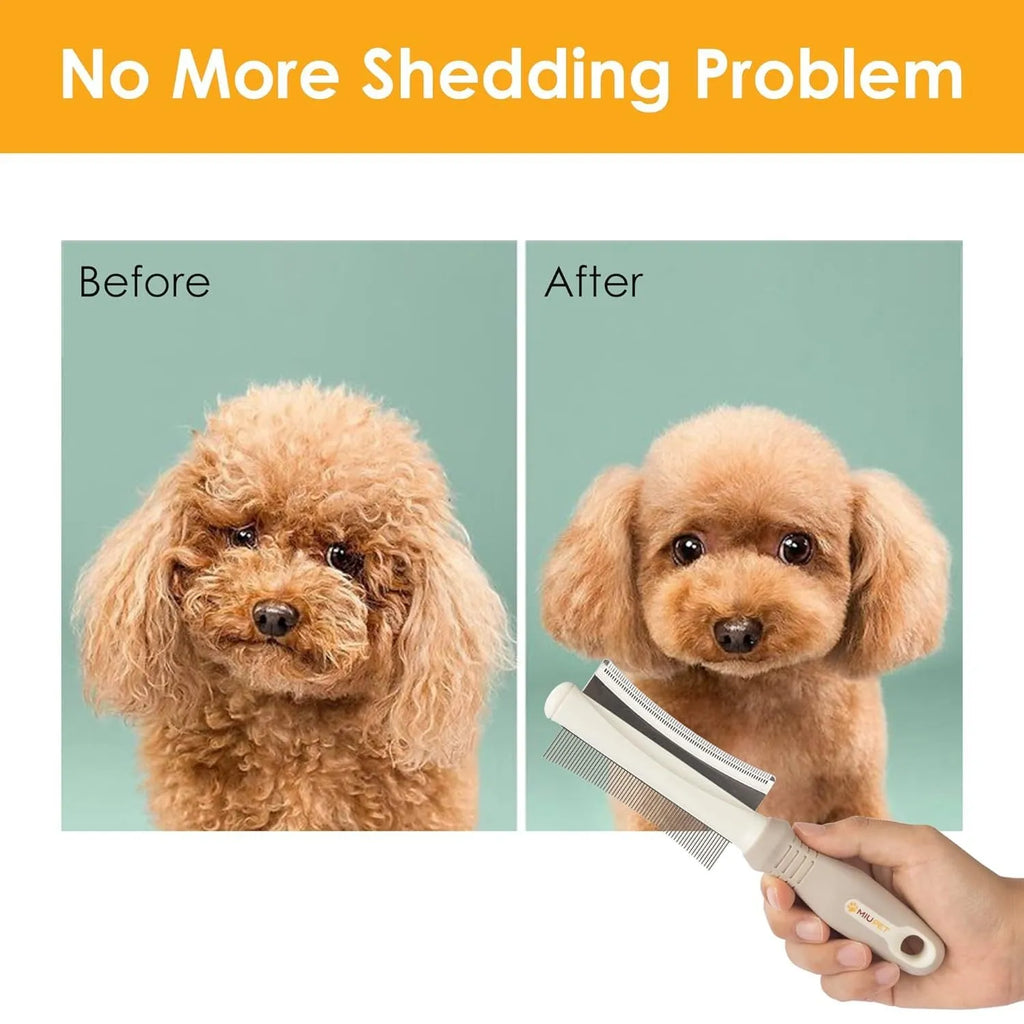 White double-sided dog and cat grooming brush with curved comb and deshedding bristles