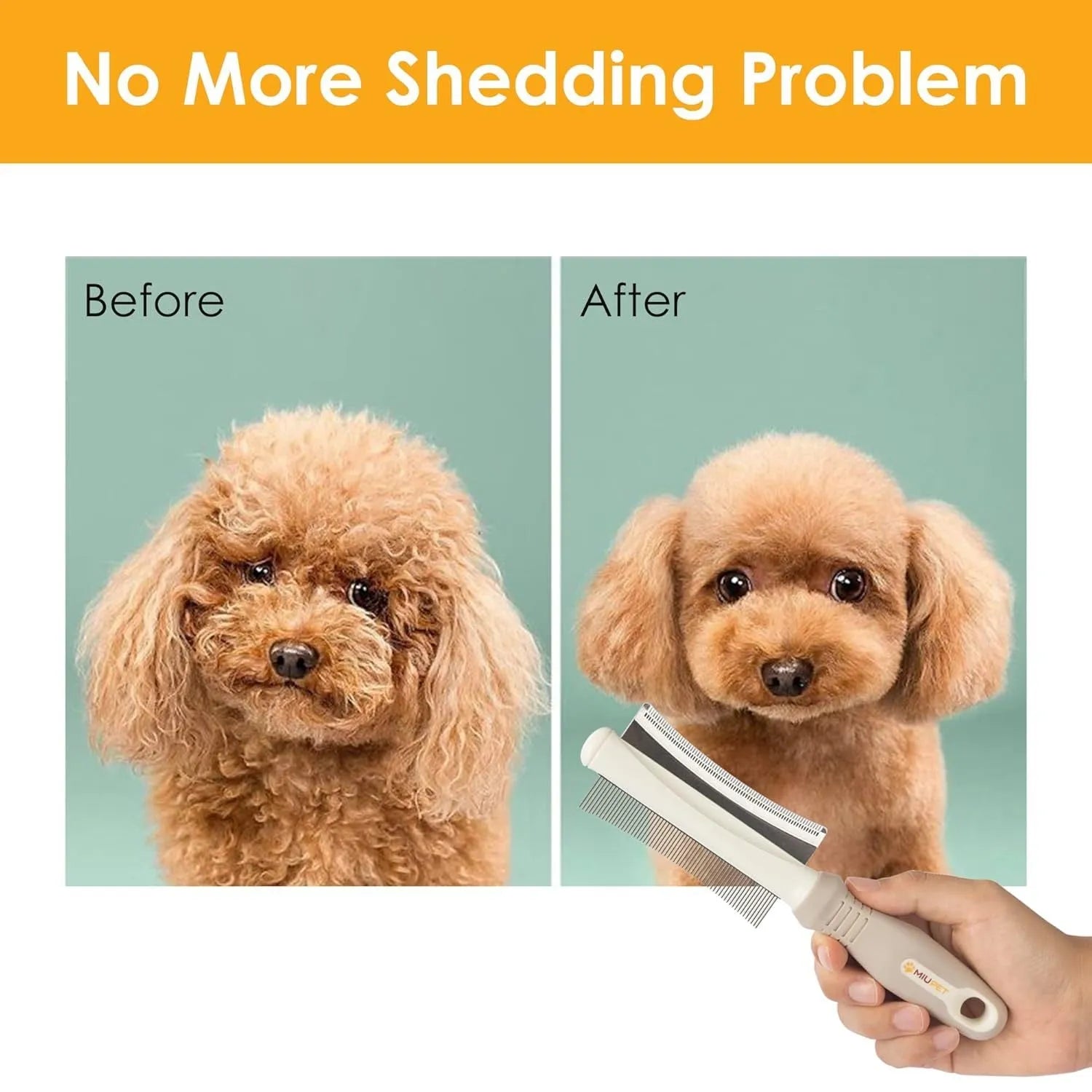 White double-sided dog and cat grooming brush with curved comb and deshedding bristles