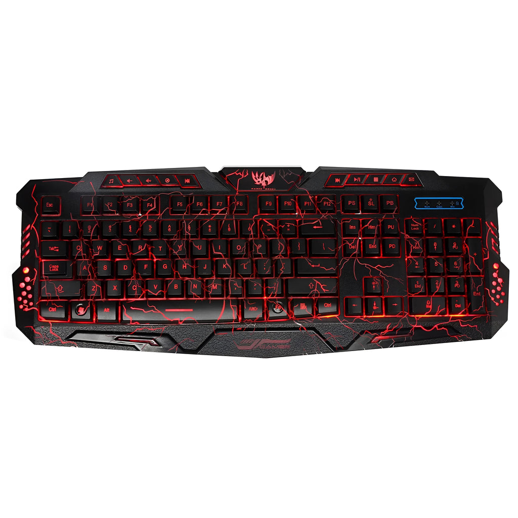 Black backlit game keyboard with crack design, 3-colour adjustable backlight, and anti-slip pads on a desk