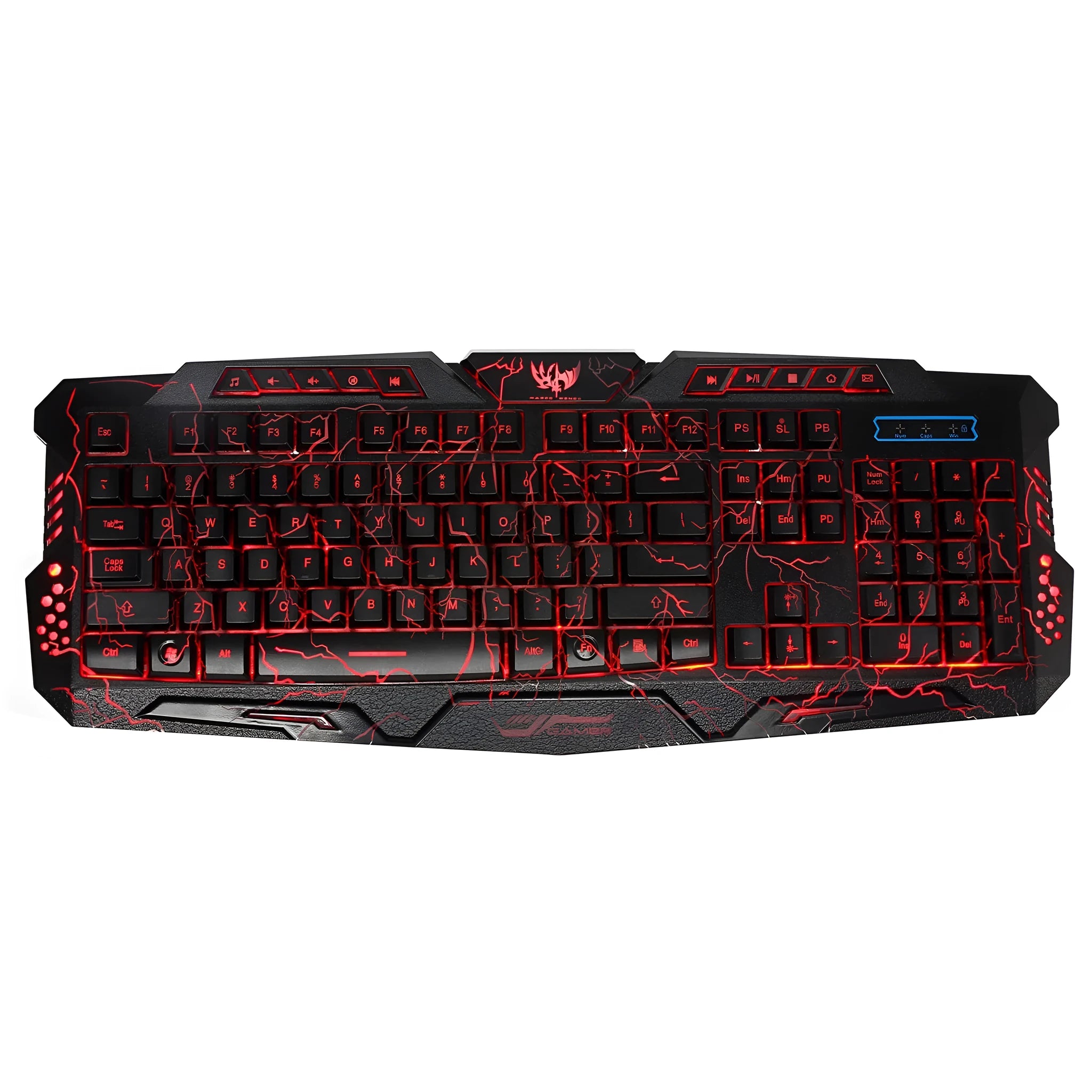 Black backlit game keyboard with crack design, 3-colour adjustable backlight, and anti-slip pads on a desk