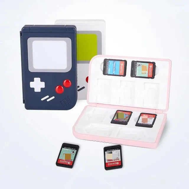 Compact blue Nintendo Switch game card storage box with snap-lid closure.