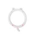 Plush steering wheel cover with embroidered bear design, shown fitted on a car steering wheel.