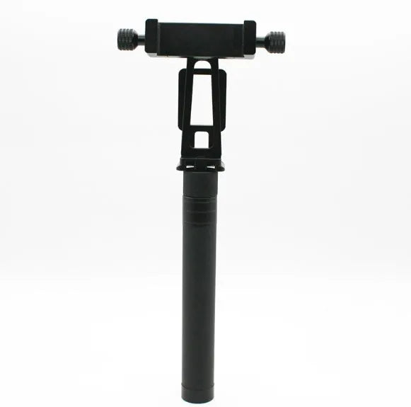 Black retractable selfie stick with extended aluminium pole and Bluetooth remote, holding a smartphone.