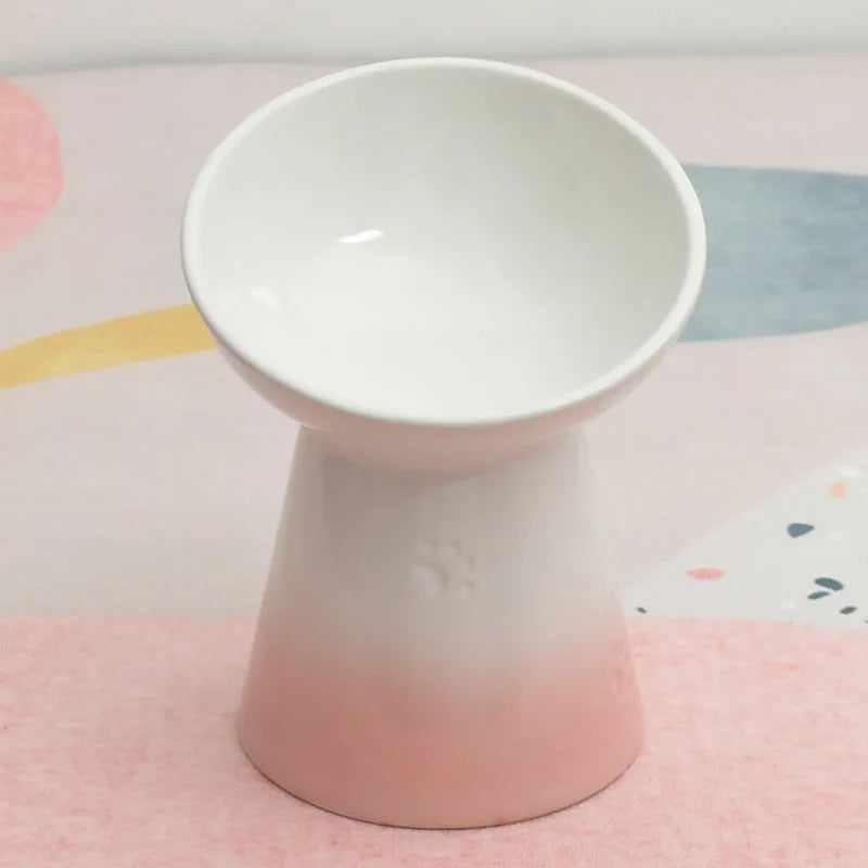 White ceramic pet bowl with a high foot neck and slanted rim for cat or dog feeding
