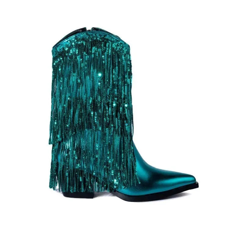 Women's black chunky heel tassel boots with a high stiletto heel and pointed toe on a white background.