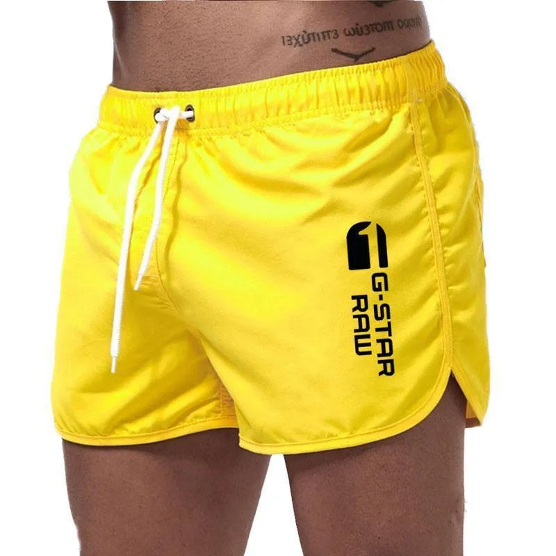 Men's sports beach shorts in 11 colour options including black, navy, and fluorescent green, polyester-hemp blend fabric