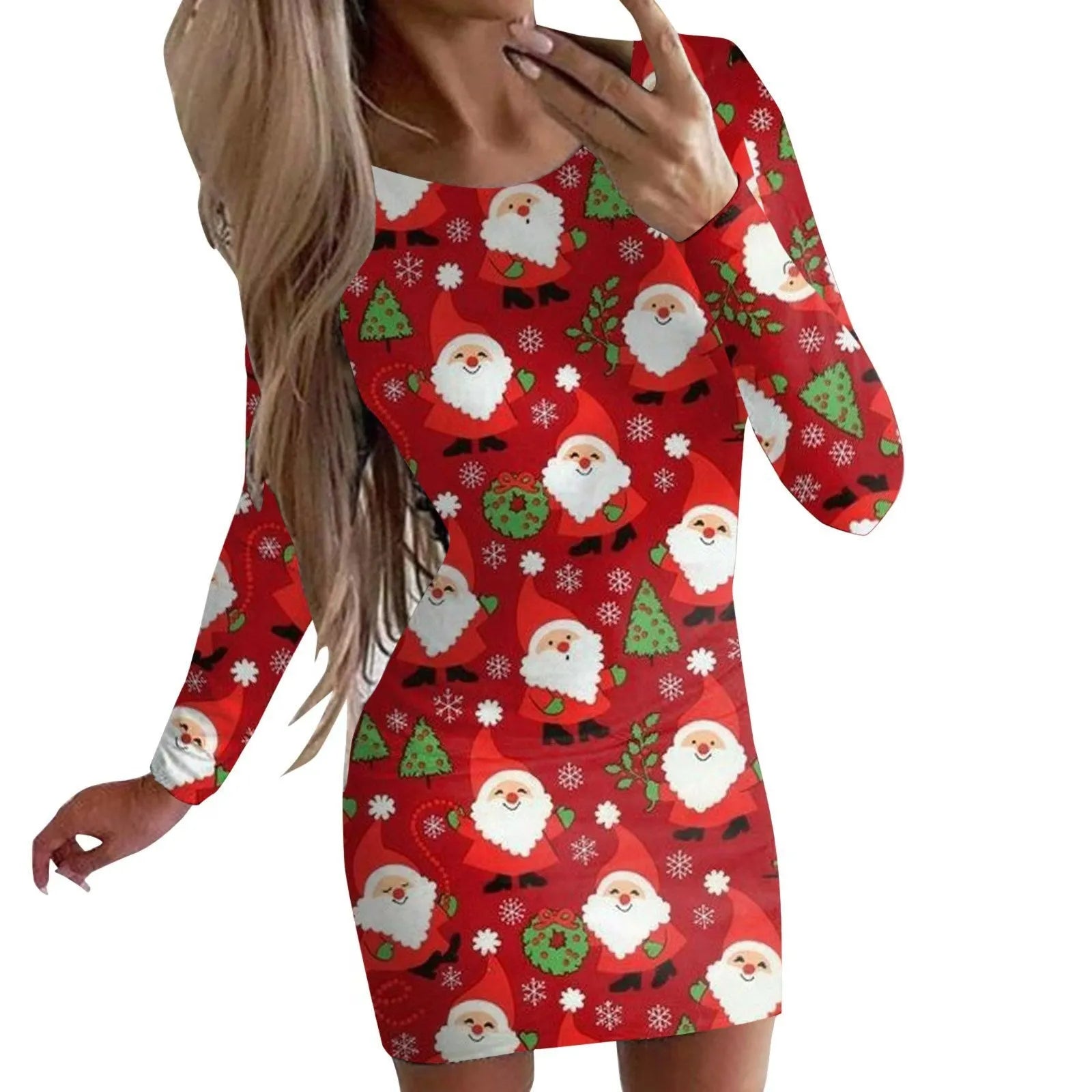Christmas printed narrow dress with animal pattern design and round neckline