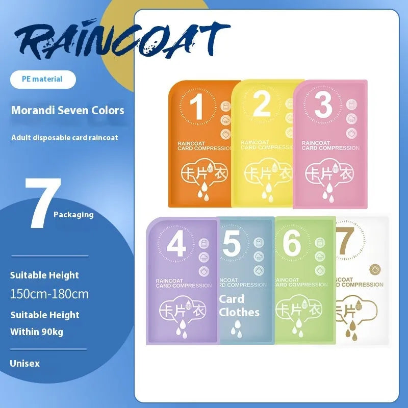 Disposable long full-body raincoat on a portable card, shown in purple, with adult and children size options.