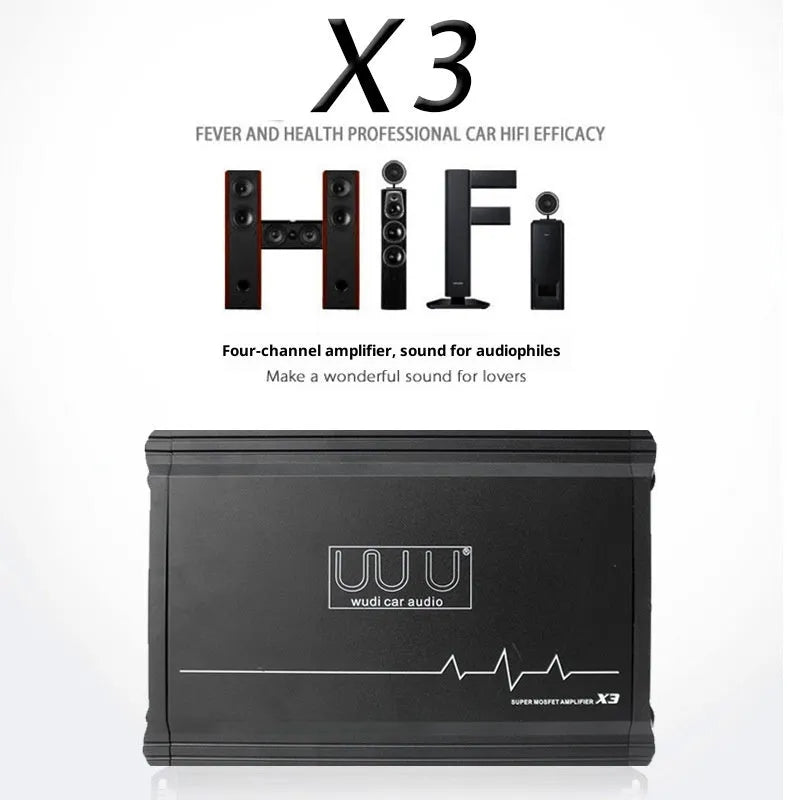 X3 car audio four-way amplifier with aluminium alloy casing and heatsink fins
