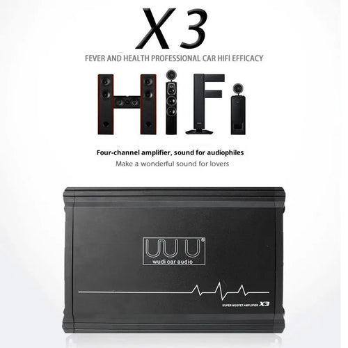 X3 car audio four-way amplifier with aluminium alloy casing and heatsink fins