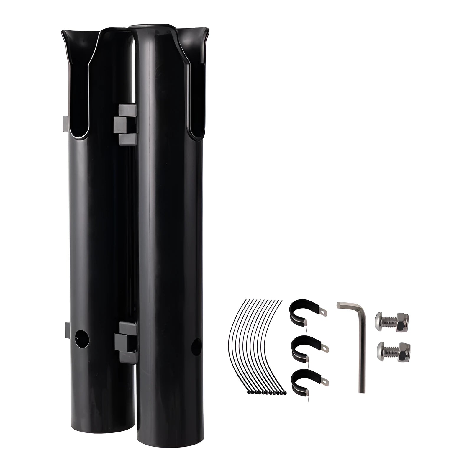Double-layer plastic fishing rod rack with adjustable clamp mounted on bicycle frame