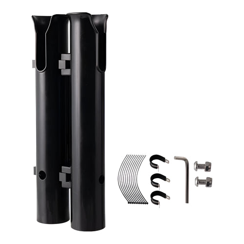 Double-layer plastic fishing rod rack with adjustable clamp mounted on bicycle frame