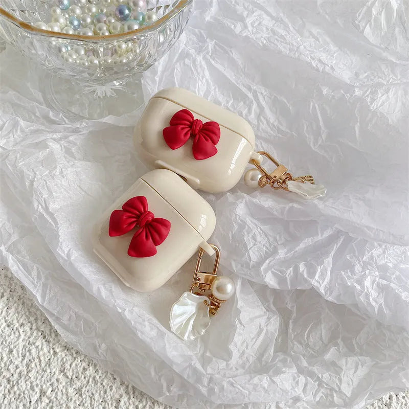 Beige red bow shell patterned TPU case for AirPods Pro wireless earphones