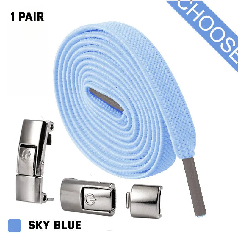 Set of press lock elastic no-tie shoelaces in 8mm widened flat design on a white background.
