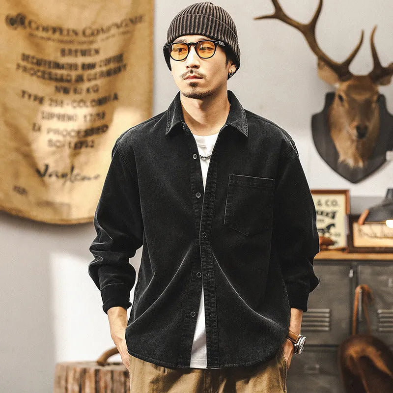 Men's retro corduroy casual jacket in red and black colours with loose fit design