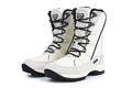 Women's black genuine leather mid-calf snow boots with round toe and thermal lining on a white background.