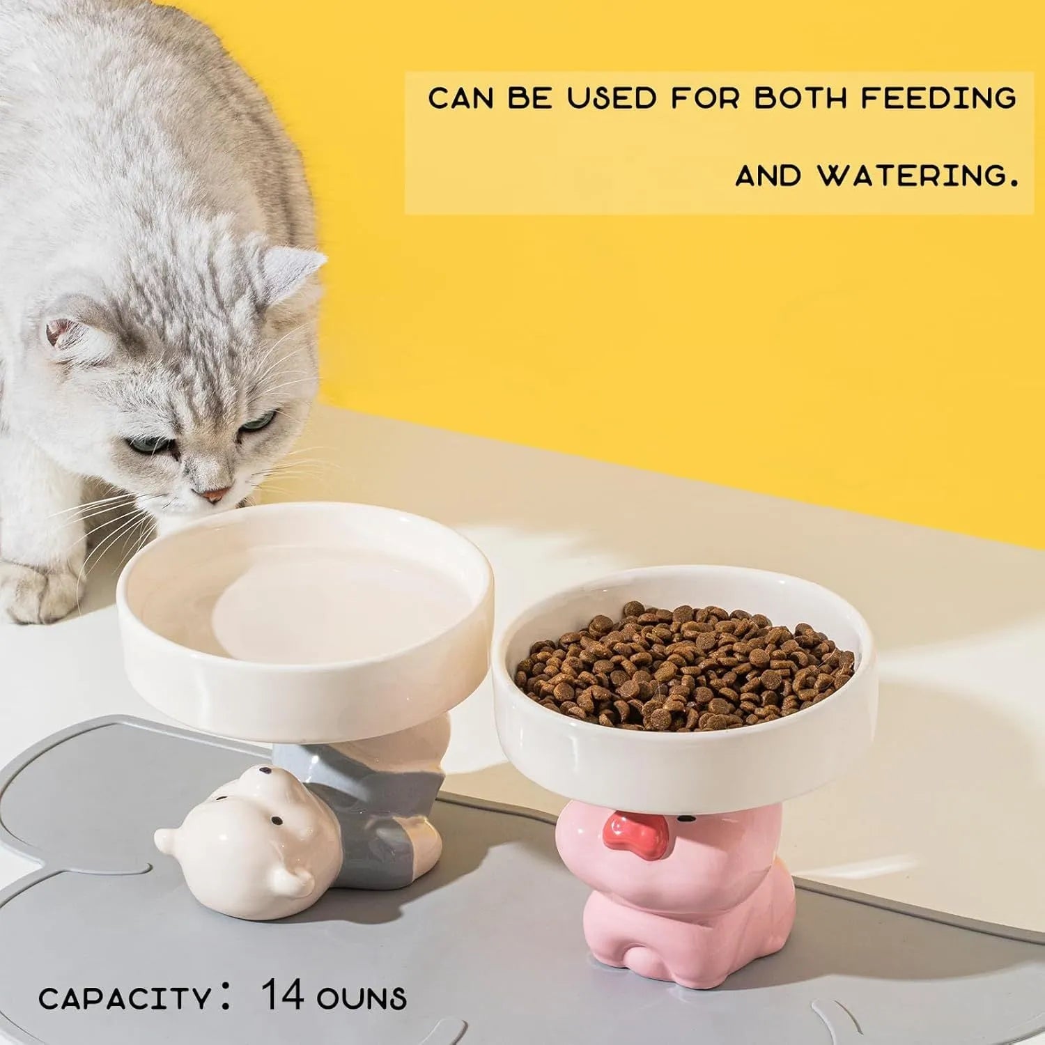 Raised ceramic pet bowl in animal design, showing wide shallow dish on elevated base.