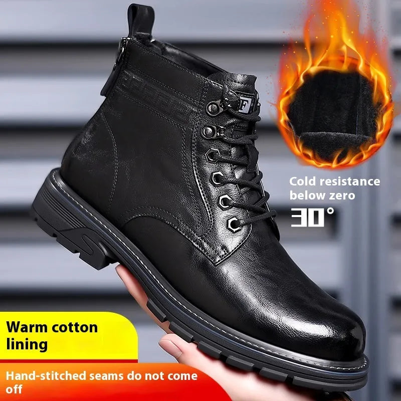 Men's black leather work ankle boots with patent finish and rubber sole for haulage motor environments