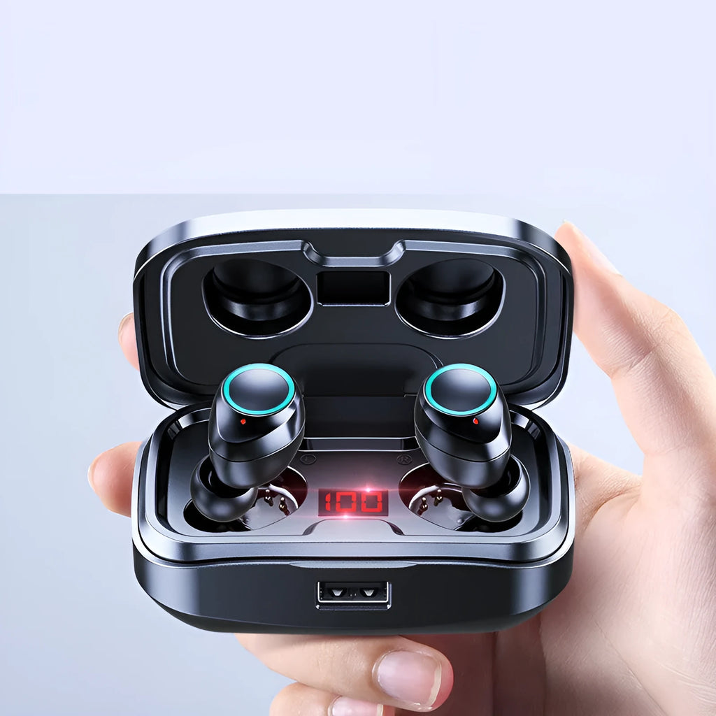 Black wireless Bluetooth in-ear earphones with a private mould design shown on a white background.