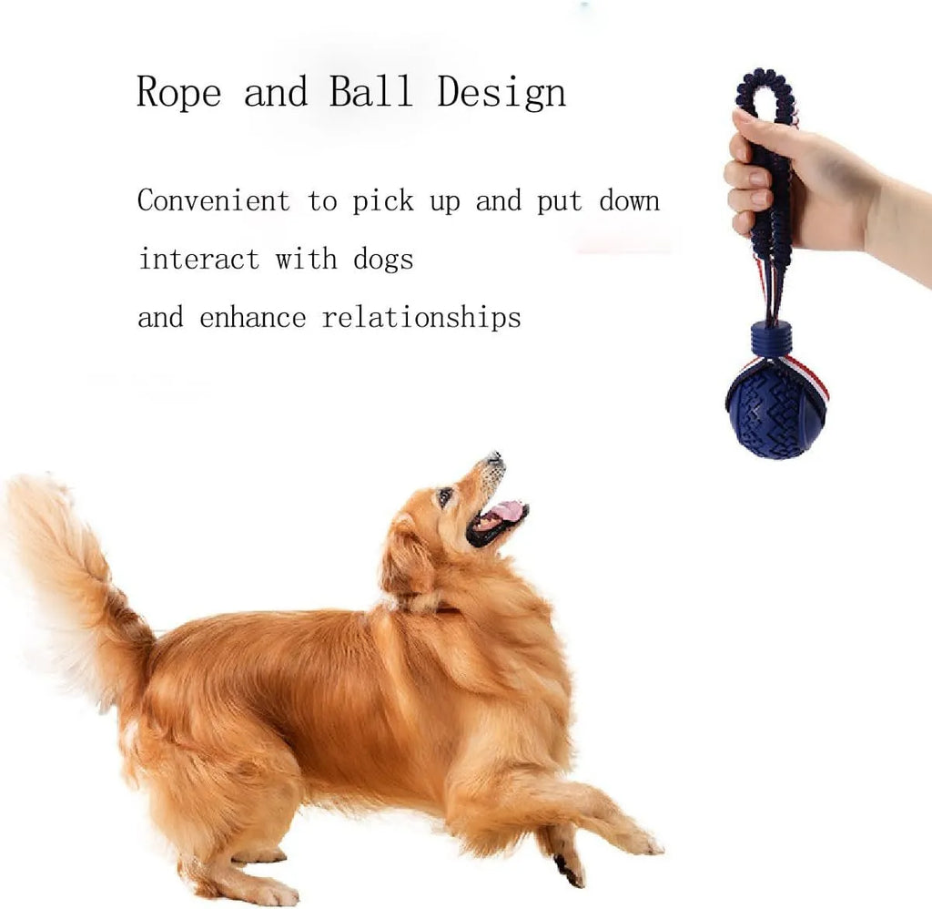 Blue natural rubber dog ball attached to a rope for tug-of-war and dental cleaning.
