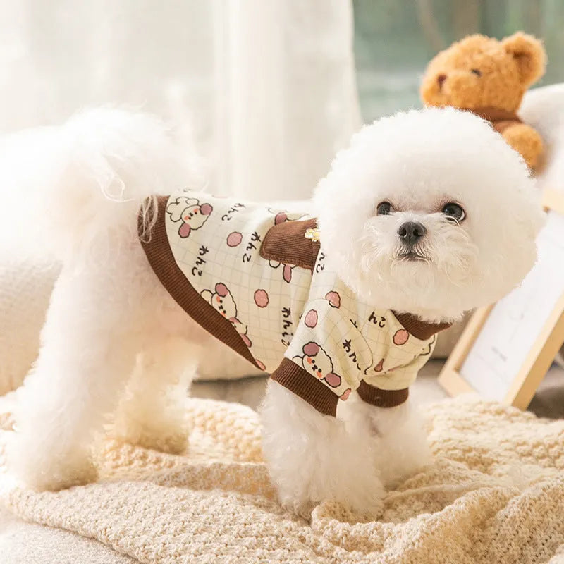 Warm velvet two-legged pet clothing with pockets, blue and brown, for small dogs and cats