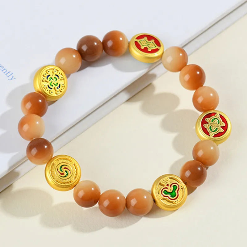 Yellow bodhi seed bracelet with five directions geometric pattern, adjustable 14-17 inches