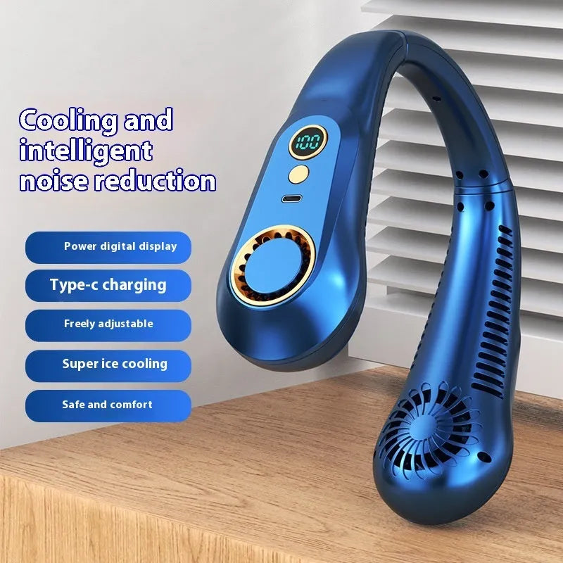 Portable bladeless bracket fan with digital display in dual battery blue variant