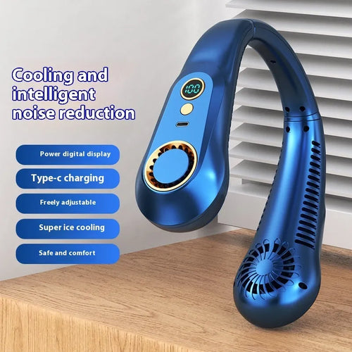 Portable bladeless bracket fan with digital display in dual battery blue variant