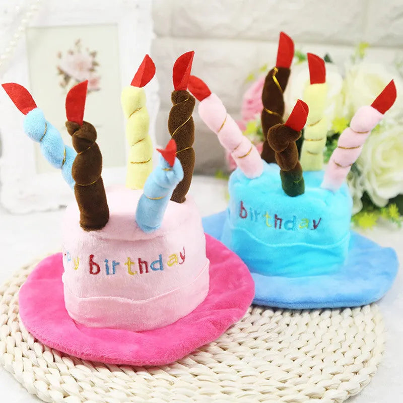Blue and pink dog birthday hats showing 21cm by 15cm by 6.5cm dimensions