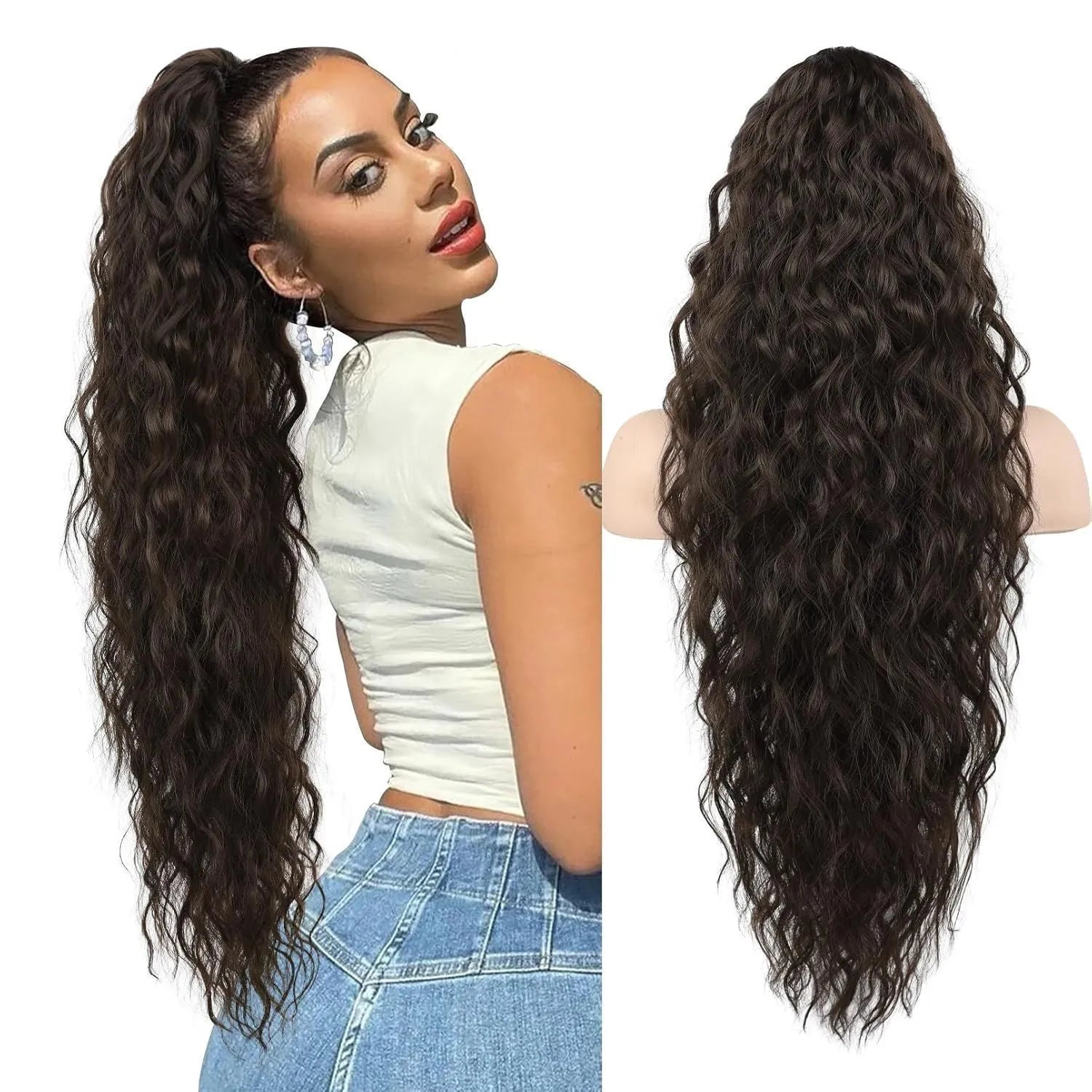 Long 30-inch curly ponytail wig in high temperature fibre for costume and cosplay.