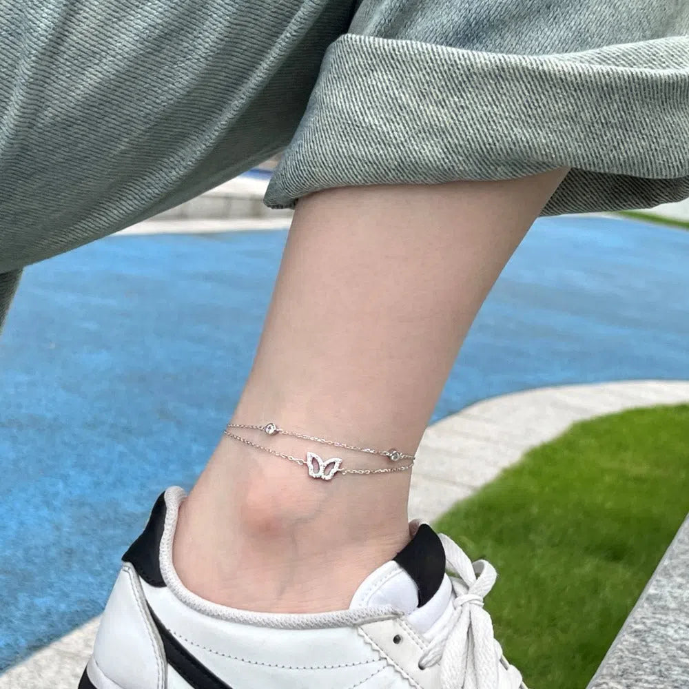 925 sterling silver hollow zircon inlay anklet for women in platinum finish