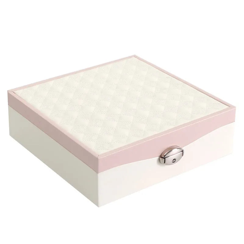 Red and white large capacity PU jewellery storage box for necklaces and rings.