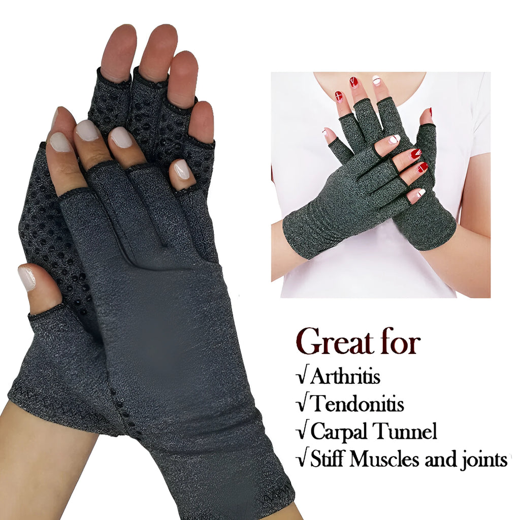 Grey half finger joint compression gloves with an anti-slip palm, shown in a dispensing style.