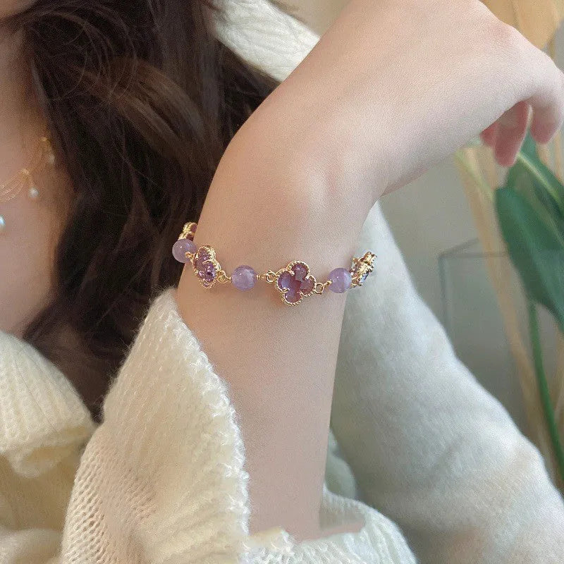 Women's artificial amethyst bracelet with pearl pendant and four-leaf clover charm on U-shaped design