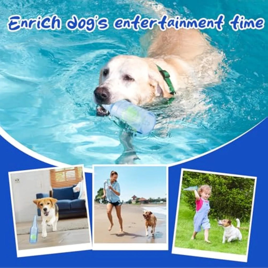 Blue natural rubber water bottle cruncher dog toy with squeaker for aggressive chewers