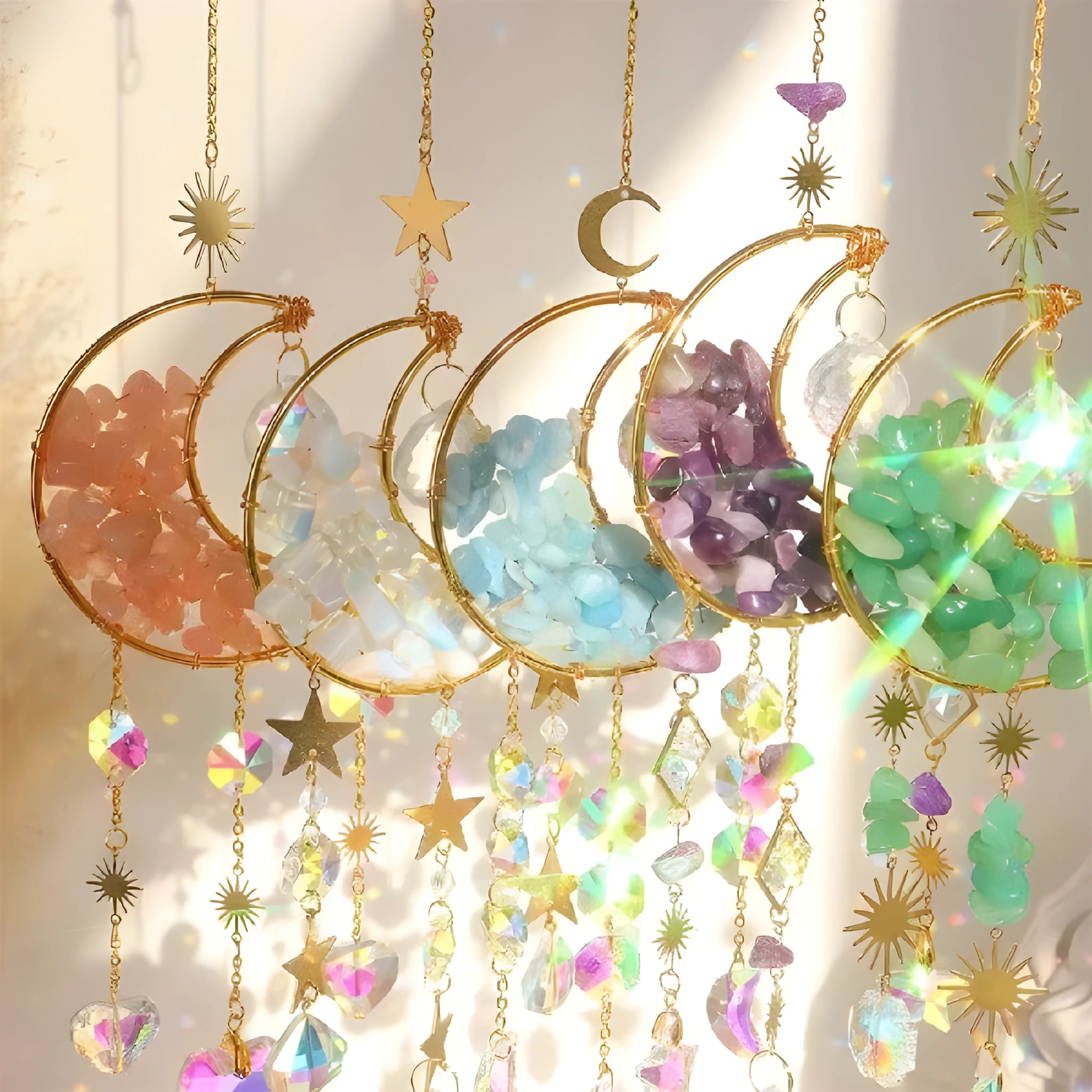 K9 crystal moon charm pendant on a metal chain for car rear-view mirror decoration.