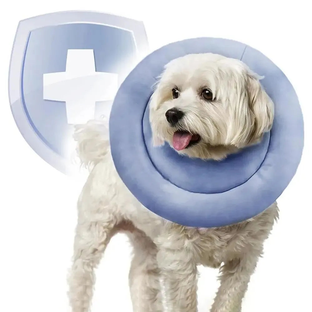 Adjustable waterproof Elizabethan recovery collar for dogs and cats in blue, gray, and pink with size options from S to XXXXL