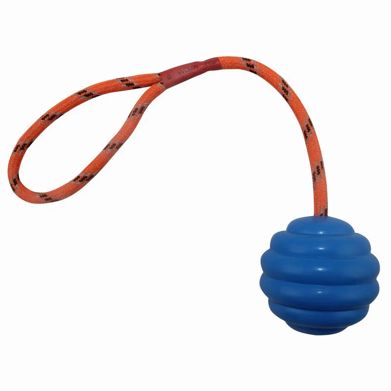Multi-colour rubber pet training ball with rope knot design, 6x30cm size