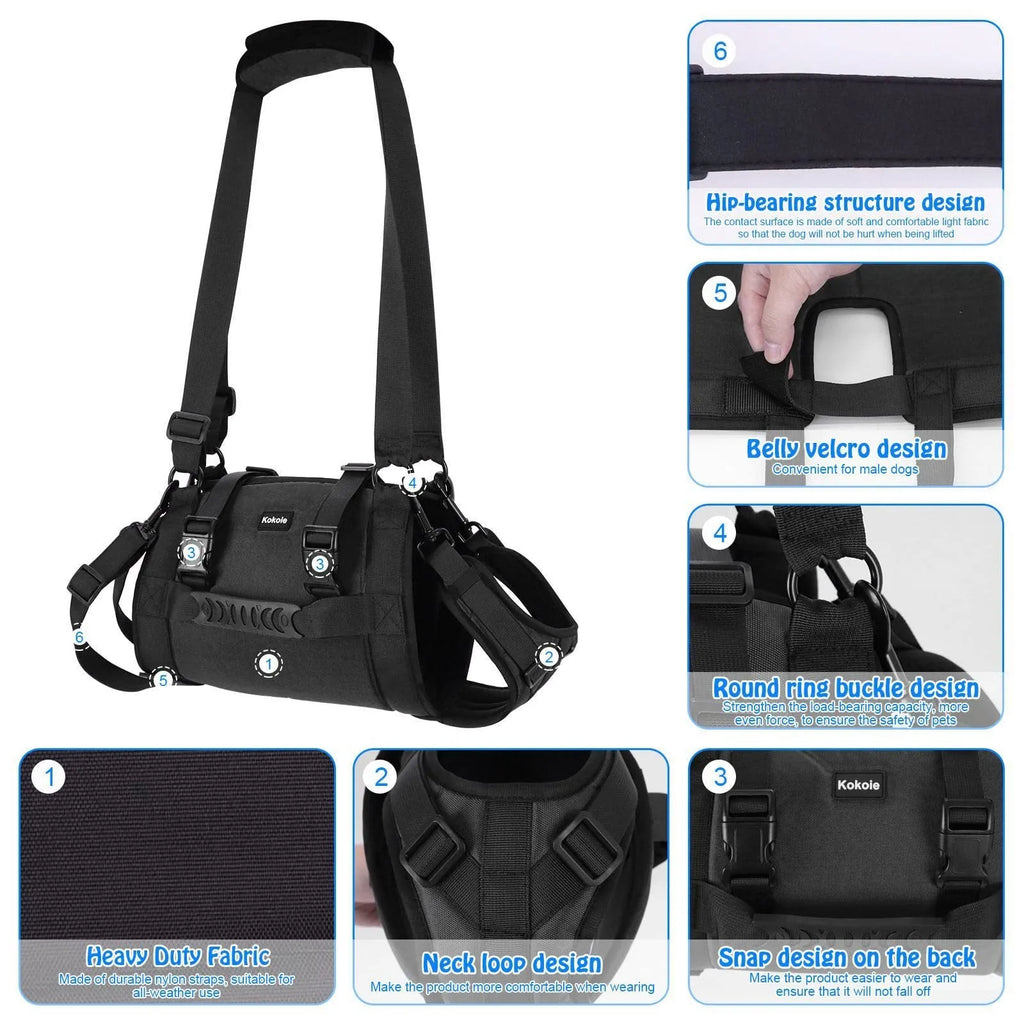 Black Oxford cloth dog rehabilitation harness with breast strap design for leg support